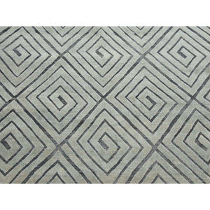 9'x12'1" Ivory, Modern Roman Key Design, Pure Raised Silk with Textured Oxidized Wool, Hand Knotted, Oriental Rug FWR451200