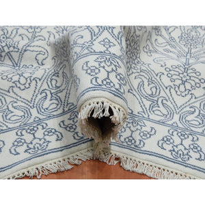 9'4"x11'9" Ivory, 100% Cotton, Agra With Mughal Flower Bouquet Design Hand Knotted, Oriental Rug FWR451284