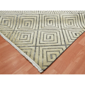 9'10"x14'1" Ivory, Hand Knotted Modern Roman Key Design, Pure Raised Silk with Textured Oxidized Wool, Oriental Rug FWR451320