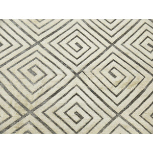 9'10"x14'1" Ivory, Hand Knotted Modern Roman Key Design, Pure Raised Silk with Textured Oxidized Wool, Oriental Rug FWR451320