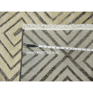 9'10"x14'1" Ivory, Hand Knotted Modern Roman Key Design, Pure Raised Silk with Textured Oxidized Wool, Oriental Rug FWR451320