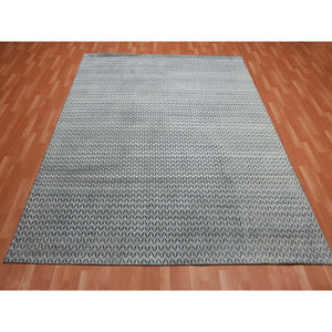 8'x10' Charcoal Black, Pure Raised Silk Hand Knotted, Repetitive Pattern With Oxidized Textured Wool, Oriental Rug FWR451332