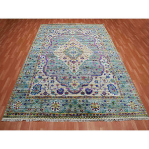8'8"x12' Blueish Gray, Medallion Design, Sari Silk With Textured Wool Hand Knotted, Oriental Rug FWR451398