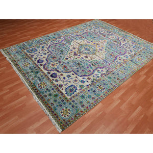 8'8"x12' Blueish Gray, Medallion Design, Sari Silk With Textured Wool Hand Knotted, Oriental Rug FWR451398