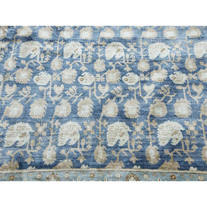 8'9"x12' Yale Blue, Hand Knotted 100% Pure Real Silk, Khotan Repetitive Flower And Branch Design With Multiple Borders, Oriental Rug FWR451452