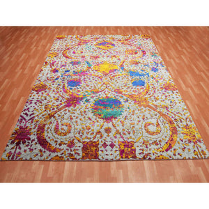 9'x12' Light Gray, Erased Persian Design with Colorful Pattern, Sari Silk with Textured Wool Hand Knotted, Oriental Rug FWR451458