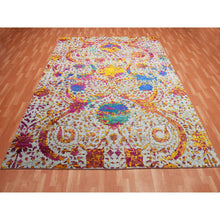 Load image into Gallery viewer, 9&#39;x12&#39; Light Gray, Erased Persian Design With Colorful Pattern, Sari Silk With Textured Wool Hand Knotted, Oriental Rug FWR451458