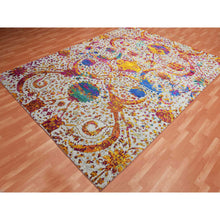 Load image into Gallery viewer, 9&#39;x12&#39; Light Gray, Erased Persian Design With Colorful Pattern, Sari Silk With Textured Wool Hand Knotted, Oriental Rug FWR451458