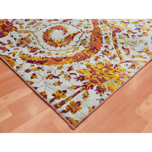 9'x12' Light Gray, Erased Persian Design with Colorful Pattern, Sari Silk with Textured Wool Hand Knotted, Oriental Rug FWR451458