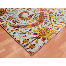 Load image into Gallery viewer, 9&#39;x12&#39; Light Gray, Erased Persian Design With Colorful Pattern, Sari Silk With Textured Wool Hand Knotted, Oriental Rug FWR451458
