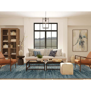 10'1"x14'1" Blue With Touches Of Ivory Striae Design, Hand Knotted Pure Wool, Oriental Rug FWR451494