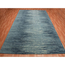 Load image into Gallery viewer, 10&#39;1&quot;x14&#39;1&quot; Blue With Touches Of Ivory Striae Design, Hand Knotted Pure Wool, Oriental Rug FWR451494