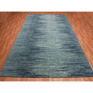 10'1"x14'1" Blue With Touches Of Ivory Striae Design, Hand Knotted Pure Wool, Oriental Rug FWR451494