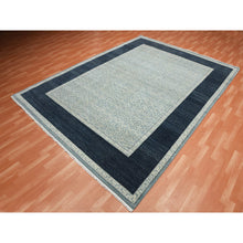 Load image into Gallery viewer, 9&#39;x12&#39;3&quot; Shades Of Blue, Leaf All Over Pattern With A Distinct Contrasting Border Colors, Tone On Tone, Pure Wool Hand Knotted, Oriental Rug FWR451518