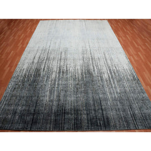 10'x14' Charcoal Gray Vertical Ombre Design Pure Silk With Textured Wool Hand Knotted Oriental Rug FWR451542