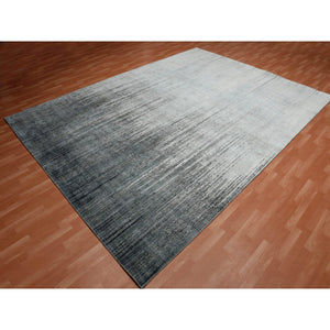 10'x14' Charcoal Gray Vertical Ombre Design Pure Silk With Textured Wool Hand Knotted Oriental Rug FWR451542