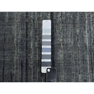 10'x14' Charcoal Gray Vertical Ombre Design Pure Silk With Textured Wool Hand Knotted Oriental Rug FWR451542