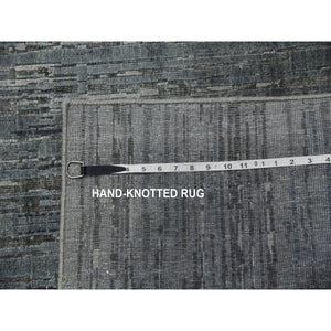 10'x14' Charcoal Gray Vertical Ombre Design Pure Silk With Textured Wool Hand Knotted Oriental Rug FWR451542