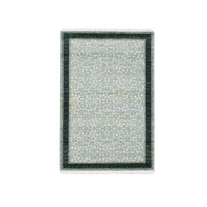 3'1"x5'1" Shades of Blue, Leaf All Over Pattern with A Distinct Contrasting Border Colors, Tone on Tone, Organic Wool, Hand Knotted, Oriental Rug FWR451548