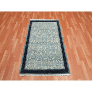3'1"x5'1" Shades of Blue, Leaf All Over Pattern with A Distinct Contrasting Border Colors, Tone on Tone, Organic Wool, Hand Knotted, Oriental Rug FWR451548