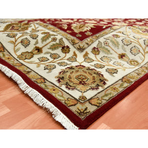 9'x12' Burgundy Red, Rajasthan All Over Leaf Design Thick And Plush, Wool And Silk Hand Knotted, Oriental Rug FWR451590