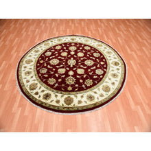 Load image into Gallery viewer, 8&#39;x8&#39; Burgundy Red, Wool And Silk Hand Knotted, Rajasthan All Over Leaf Design Thick And Plush, Round Oriental Rug FWR451638