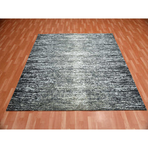 8'2"x8'2" Black with Touches of Gray, Hand Knotted Striae Design, Wool and Pure Silk, Square Oriental Rug FWR451698