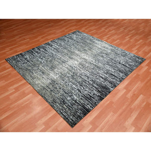 8'2"x8'2" Black with Touches of Gray, Hand Knotted Striae Design, Wool and Pure Silk, Square Oriental Rug FWR451698