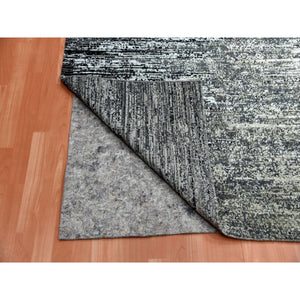 8'2"x8'2" Black with Touches of Gray, Hand Knotted Striae Design, Wool and Pure Silk, Square Oriental Rug FWR451698