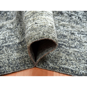 8'2"x8'2" Black with Touches of Gray, Hand Knotted Striae Design, Wool and Pure Silk, Square Oriental Rug FWR451698