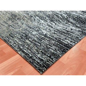 8'2"x8'2" Black with Touches of Gray, Hand Knotted Striae Design, Wool and Pure Silk, Square Oriental Rug FWR451698