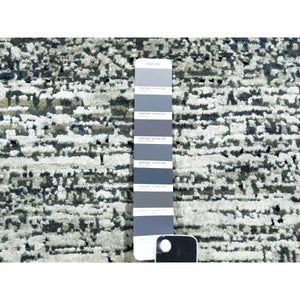 8'2"x8'2" Black with Touches of Gray, Hand Knotted Striae Design, Wool and Pure Silk, Square Oriental Rug FWR451698