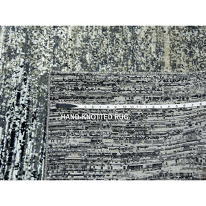 8'2"x8'2" Black with Touches of Gray, Hand Knotted Striae Design, Wool and Pure Silk, Square Oriental Rug FWR451698