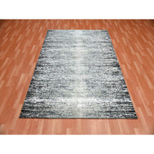 Load image into Gallery viewer, 6&#39;x9&#39; Black With Touches Of Gray, Wool And Pure Silk Hand Knotted, Striae Design, Oriental Rug FWR451710