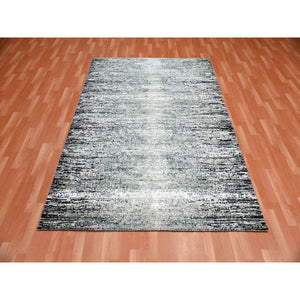 6'x9' Black With Touches Of Gray, Wool And Pure Silk Hand Knotted, Striae Design, Oriental Rug FWR451710