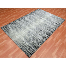 Load image into Gallery viewer, 6&#39;x9&#39; Black With Touches Of Gray, Wool And Pure Silk Hand Knotted, Striae Design, Oriental Rug FWR451710