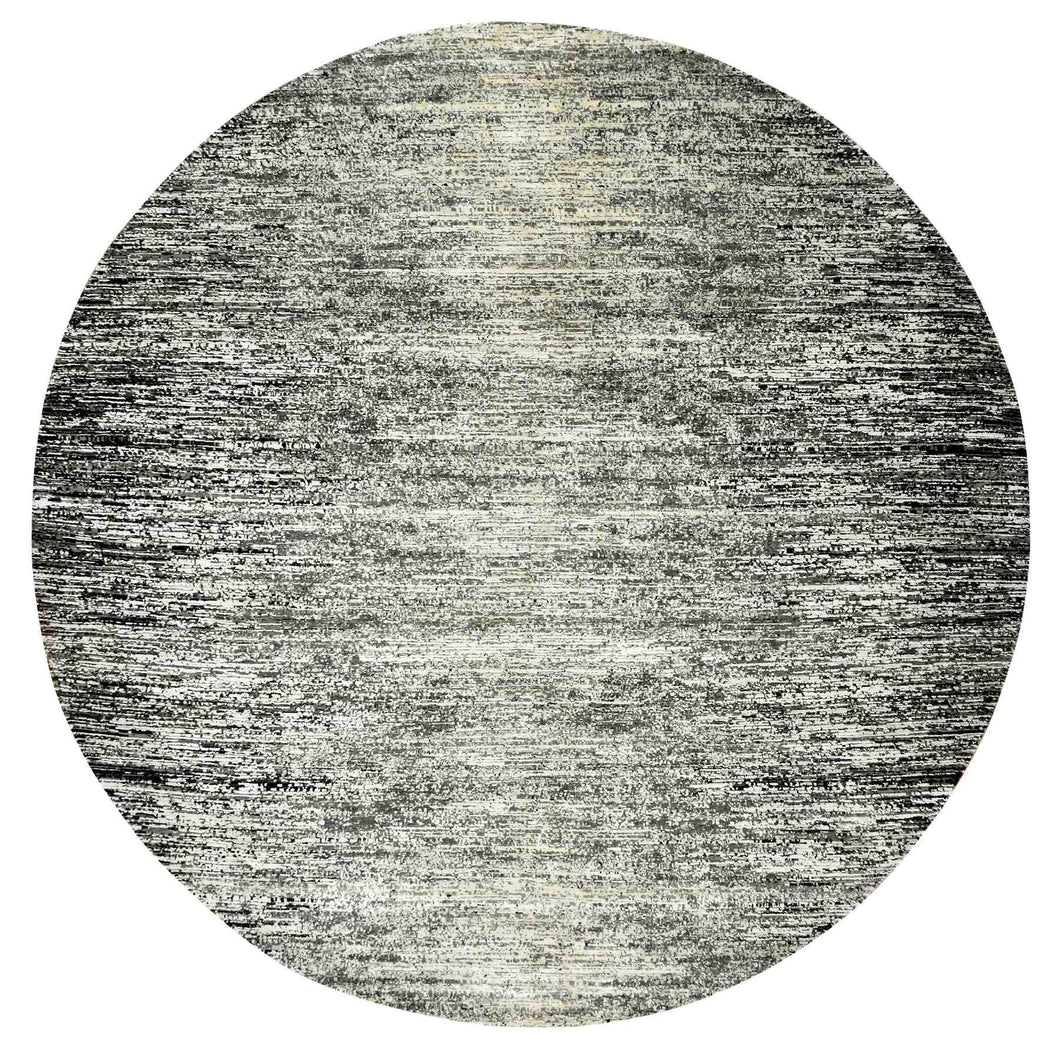 10'x10' Black with Touches of Gray, Striae Design, Wool and Pure Silk Hand Knotted, Round Oriental Rug FWR451716