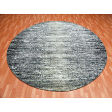 Load image into Gallery viewer, 10&#39;x10&#39; Black with Touches of Gray, Striae Design, Wool and Pure Silk Hand Knotted, Round Oriental Rug FWR451716