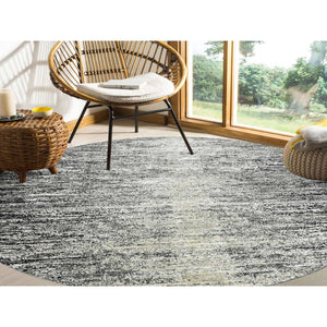 8'x8' Black with Touches of Gray, Striae Design, Wool and Pure Silk Hand Knotted, Round Oriental Rug FWR451722