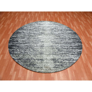 8'x8' Black with Touches of Gray, Striae Design, Wool and Pure Silk Hand Knotted, Round Oriental Rug FWR451722