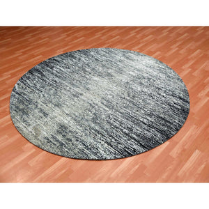 8'x8' Black with Touches of Gray, Striae Design, Wool and Pure Silk Hand Knotted, Round Oriental Rug FWR451722