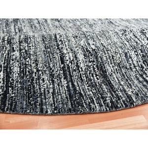 8'x8' Black with Touches of Gray, Striae Design, Wool and Pure Silk Hand Knotted, Round Oriental Rug FWR451722