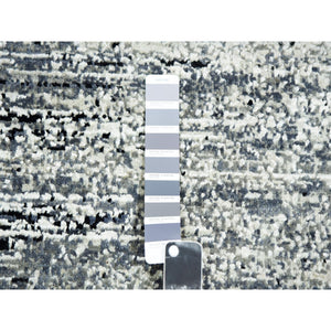 8'x8' Black with Touches of Gray, Striae Design, Wool and Pure Silk Hand Knotted, Round Oriental Rug FWR451722