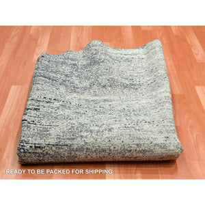 8'x8' Black with Touches of Gray, Striae Design, Wool and Pure Silk Hand Knotted, Round Oriental Rug FWR451722