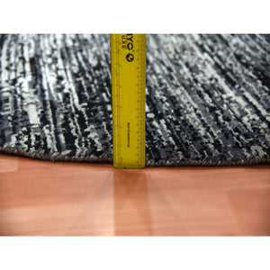 8'x8' Black with Touches of Gray, Striae Design, Wool and Pure Silk Hand Knotted, Round Oriental Rug FWR451722