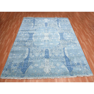 10'2"x10'2" Sky Blue, Hand Knotted Jewellery Design With Soft Colors, Wool And Pure Silk, Square Oriental Rug FWR451746