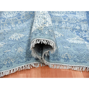 10'2"x10'2" Sky Blue, Hand Knotted Jewellery Design With Soft Colors, Wool And Pure Silk, Square Oriental Rug FWR451746