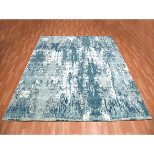10'1"x10'1" Oceanic Blue, Abstract Design Hi-Low Pile, Pure Silk and Wool Hand Knotted, Square Oriental Rug FWR451752