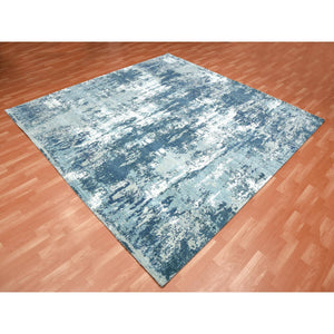 10'1"x10'1" Oceanic Blue, Abstract Design Hi-Low Pile, Pure Silk and Wool Hand Knotted, Square Oriental Rug FWR451752