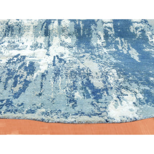 9'x9' Oceanic Blue, Hand Knotted Abstract Design, Hi-low Pile Pure Silk And Wool, Round Oriental Rug FWR451758